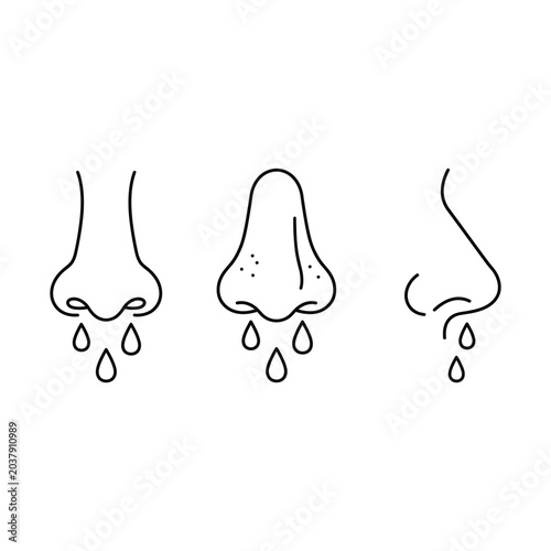 Runny nose outline icons set of human nose with mucus drops for flu and allergy editable vector solid illustration