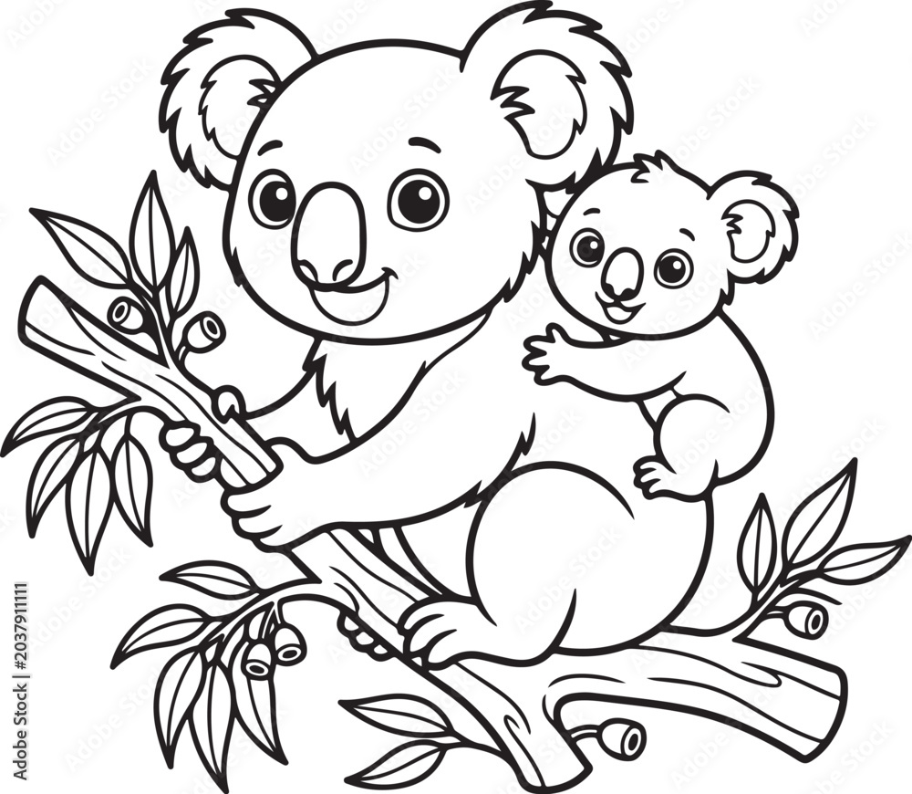 Obraz premium Coloring page for kids. Cute koala mother with joey baby on back. Australian wildlife animal illustration. Eucalyptus tree branch scene. Black and white line art vector. Educational activity sheet.