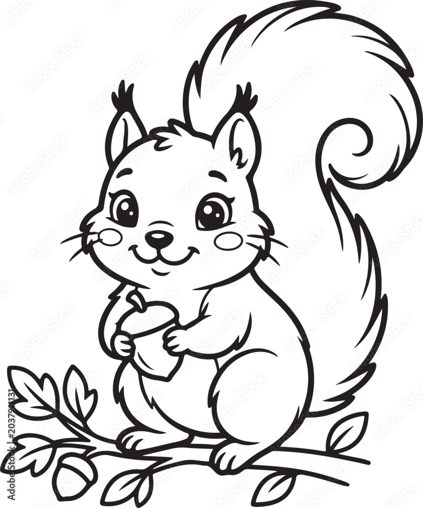 Fototapeta premium Cute squirrel coloring page for kids, cartoon animal line art, woodland creature vector illustration, children's activity worksheet, forest animal outline, black and white coloring book graphic