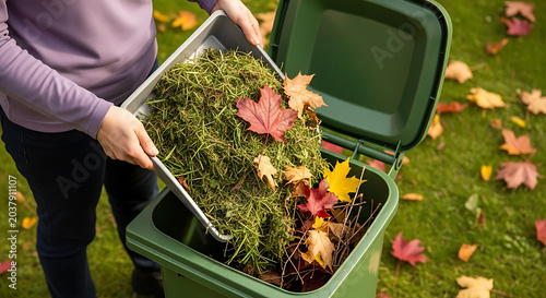 Woman depositing garden waste into a green compost bin on a lawn