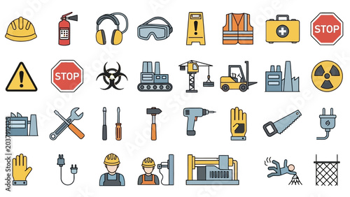 A comprehensive collection of safety and industrial icons, featuring personal protective equipment, warning signs, machinery, and tools, illustrating workplace safety and construction.