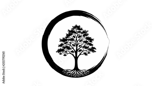 Fotografia A stylized black and white illustration of a tree with prominent roots, enclosed within a circular brushstroke, symbolizing nature and balance