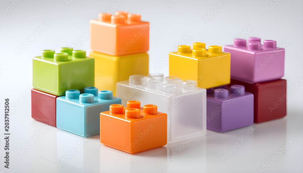 Obraz premium Colorful Plastic Building Blocks Stacked on a White Floor