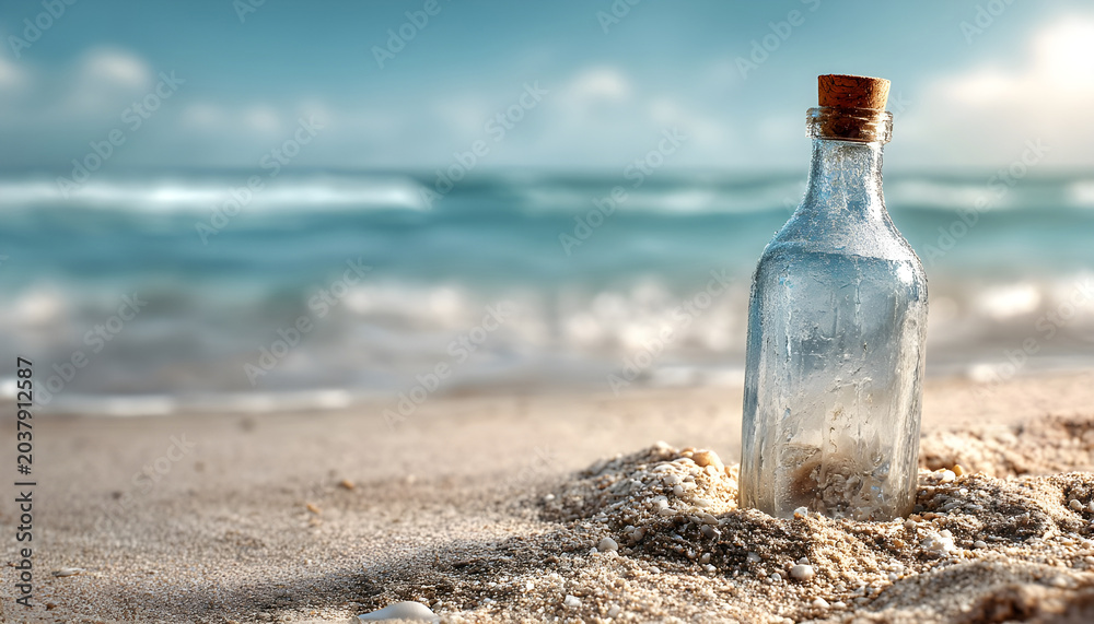 Obraz premium A single bottle of water sits atop a sandy beach, perfect for a seaside picnic or as a prop in coastal-themed shoots