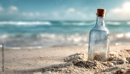 A single bottle of water sits atop a sandy beach, perfect for a seaside picnic or as a prop in coastal-themed shoots