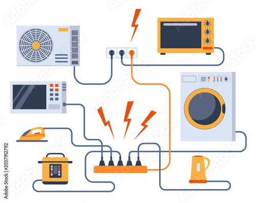 Overloaded extension cord with household appliances plugged into the mains, causing a short circuit and fire hazard. Concept of short circuit and electrical overload.