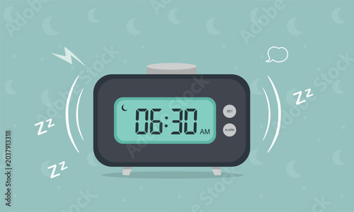 Konstfotografi Flat Vector Illustration of a Digital Alarm Clock Set at 6:30 AM for Morning Rou