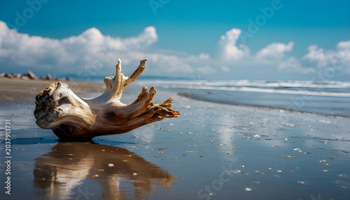 A piece of driftwood sits on the surface of a sunny beach, awaiting its fate