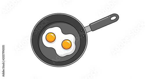 Top view illustration of a black frying pan with two sunny side up fried eggs for a healthy and delicious morning breakfast.