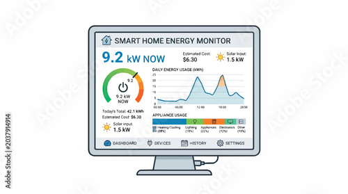 Smart Home Energy Monitor Dashboard Displaying Real-Time Consumption Data.