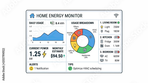 Smart Home Energy Monitor Dashboard with Usage Breakdown and Alerts.