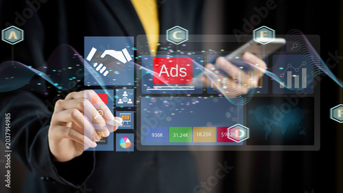 Digital marketing concept with technology interface, data analytics and performance dashboard. Online marketing strategy using SEO, social media and advertising for business growth.