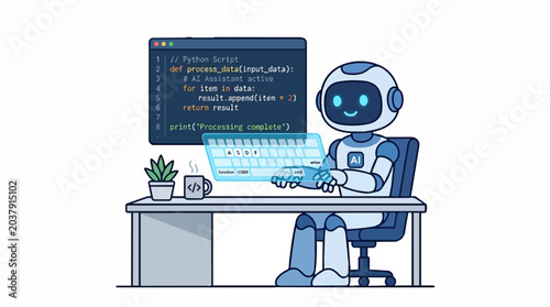 Cute Robot Programmer Working on a Computer with Holographic Keyboard.