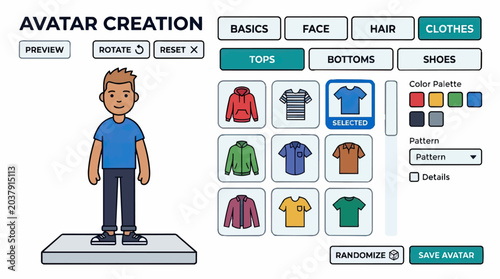 Avatar Creation Interface with Clothing Options and Color Palette.