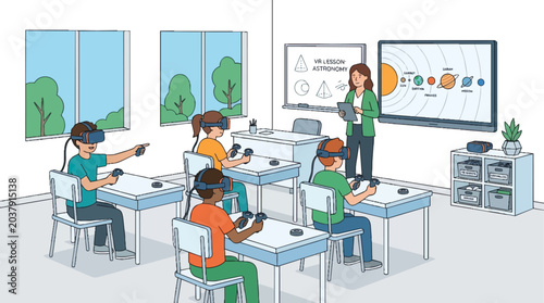 Students Engaged in Virtual Reality Education in a Modern Classroom Setting.