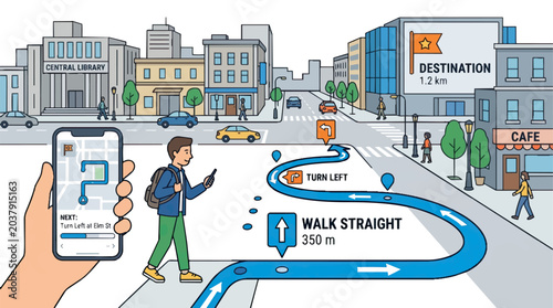 Man Using Navigation App on Smartphone in City Street with Augmented Reality Overlay.