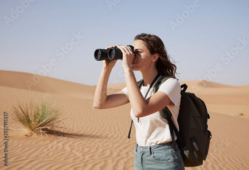 Young Woman Exploring Desert Dunes with Backpack and Binoculars
