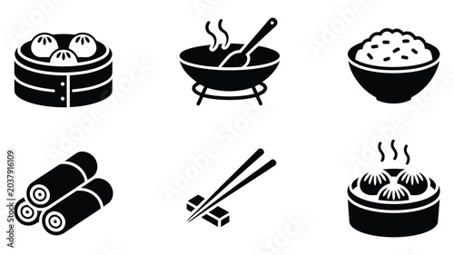 Obraz na płótnie Chinese food icons with black and white Asian cuisine designs, dim sum and wok c
