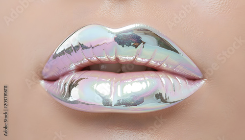 Extreme macro close-up of glossy iridescent chrome lips with holographic metallic lipstick. Futuristic beauty concept featuring reflective silver makeup, high-fashion aesthetics, avant-garde cosmetic