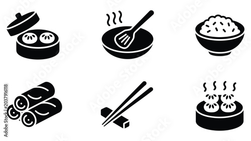 Foto Chinese food icons in black and white style, Asian cuisine vector illustrations