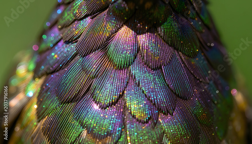 Extreme macro close-up of iridescent hummingbird feathers displaying brilliant metallic colors and intricate natural texture. Abstract wildlife background featuring shimmering green, purple, blue, and