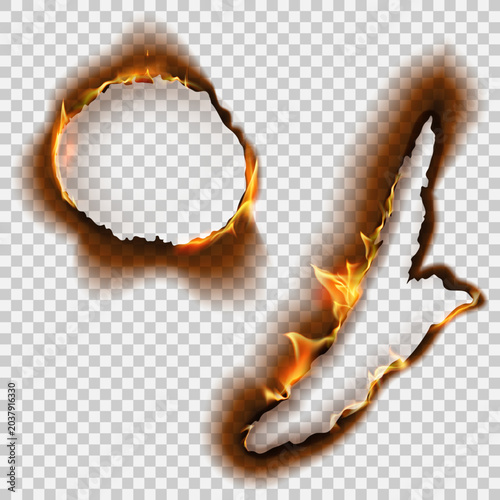 Set of realistic burned paper holes with glowing embers and scorched edges on transparent background