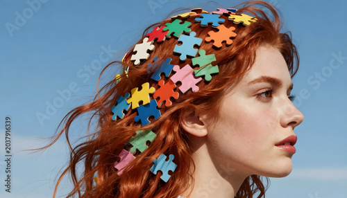Creative conceptual portrait of a young woman with colorful jigsaw puzzle pieces integrated into her hair against a blue background. Symbolic digital artwork representing creativity, problem solving, 