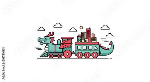 Valokuva Dragon train transporting city buildings