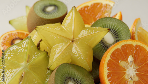 Colorful tropical fruit arrangement featuring starfruit (carambola), kiwi, lemon, orange, and grapefruit slices on a light background. Fresh healthy food concept with vibrant colors, natural textures,