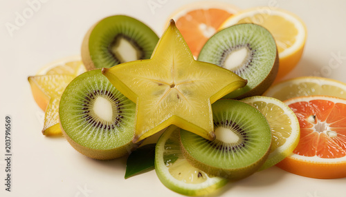 Colorful tropical fruit arrangement featuring starfruit (carambola), kiwi, lemon, orange, and grapefruit slices on a light background. Fresh healthy food concept with vibrant colors, natural textures,