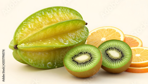 Colorful tropical fruit arrangement featuring starfruit (carambola), kiwi, lemon, orange, and grapefruit slices on a light background. Fresh healthy food concept with vibrant colors, natural textures,