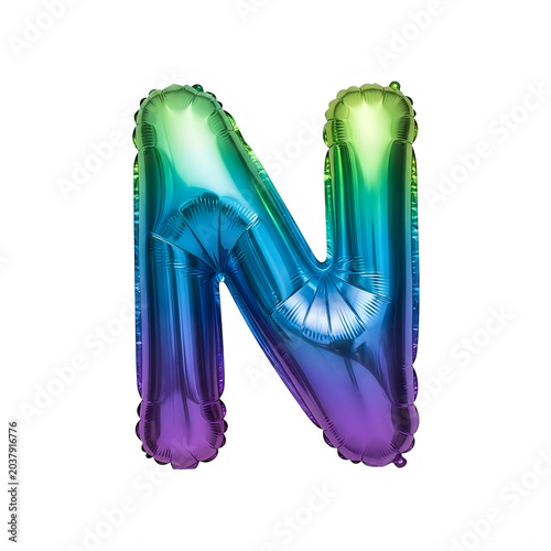 Gradient iridescent letter n balloon isolated on transparent background.