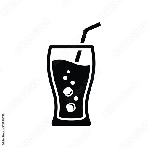 Bild auf Leinwand Soft drink glass with straw and bubbles black silhouette icon refreshing carbonated beverage soda cola juice liquid refreshment party menu