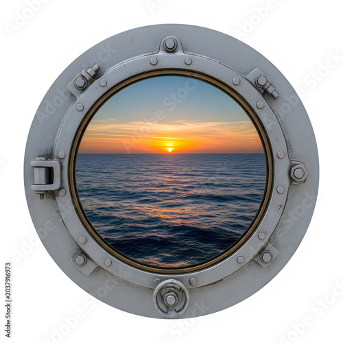 Nautical porthole view of ocean sunset, sea waves and orange sky, isolated on transparent background.