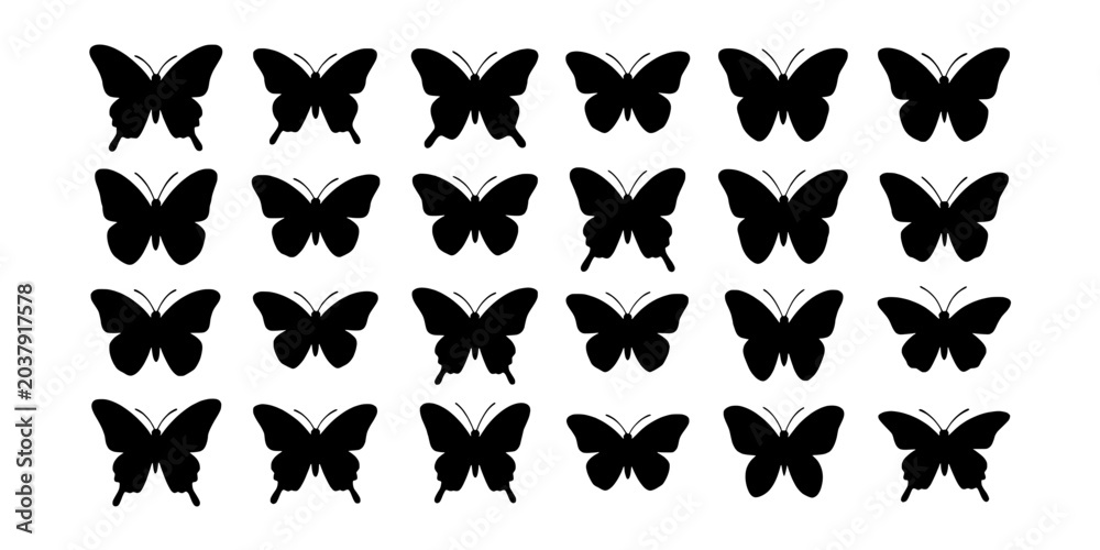 Obraz premium Butterflies silhouette set with black wings and intricate details featuring nature, insects, design with pattern and vector elements for graphic, art