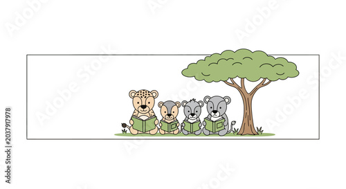 Photography Four cute cartoon animals reading books together under a large savanna tree