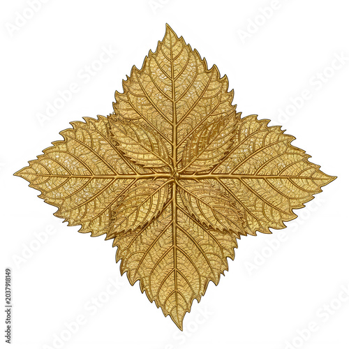 Golden filigree leaf arrangement with intricate vein details on transparent background.