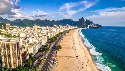 Aerial view of a bustling city beach with high-rise buildings, a scenic coastline, and the ocean on a sunny day, evoking travel and urban lifestyle