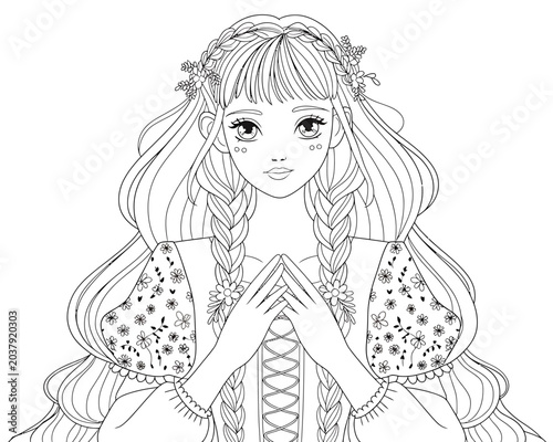 Anime Girl Line Art Illustration, Black and White, Elegant Portrait