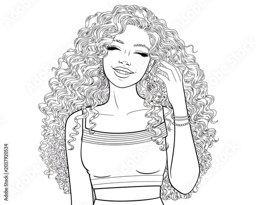 Black and white line art illustration of a young woman with curly hair