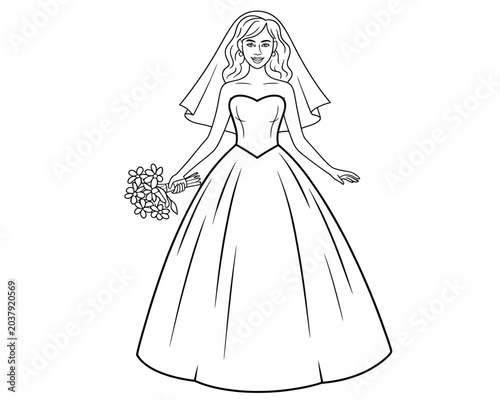 Elegant bride holding bouquet in minimalist line art wedding illustration