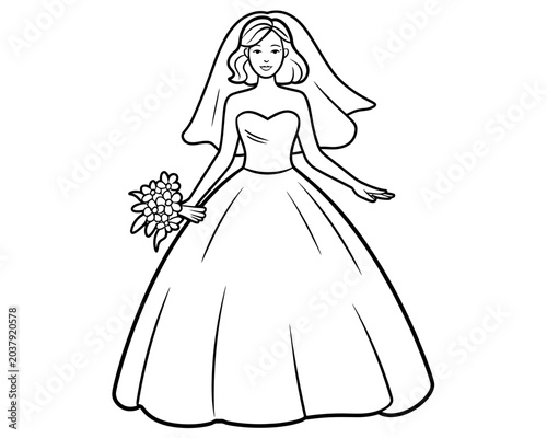 Elegant Wedding Dress Line Art in Minimalist Black and White Sketch Style