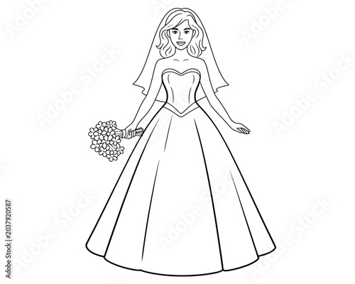 Elegant bride holding bouquet in minimalist line art wedding illustration