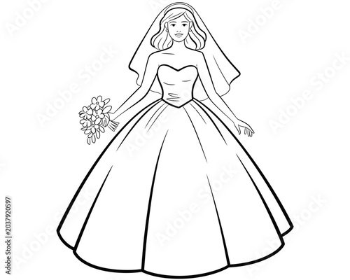 Black and white line drawing of a detailed bridal gown with veil and bouquet