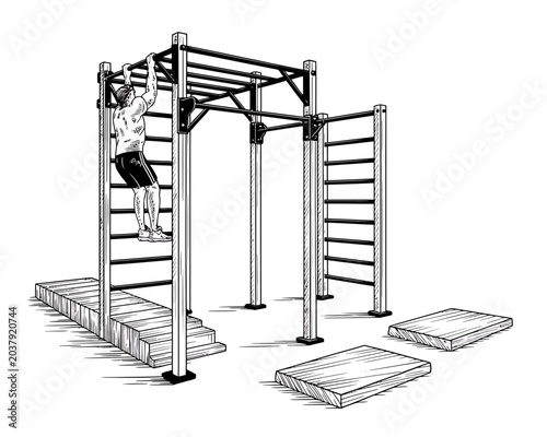 Minimalist line art of empty scaffolding setup with stacked lumber in monochrome style