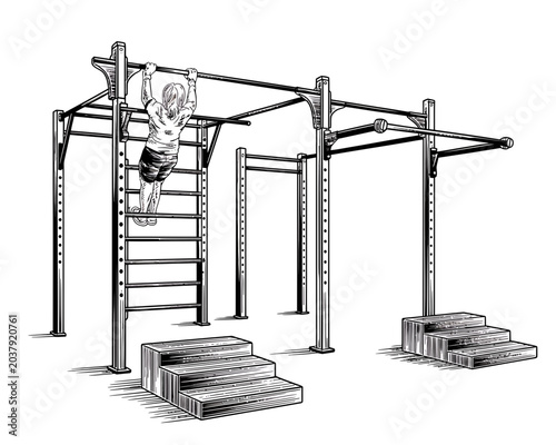 Minimalist Line Drawing Gym Equipment Workout Station Fitness Rack Illustration