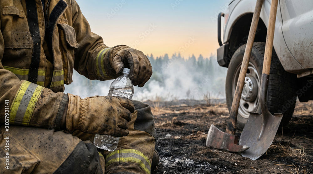 Fototapeta premium Firefighter resting while holding water bottle near extinguished fire 