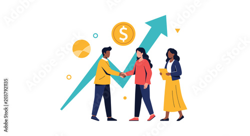 Business partners shaking hands to seal a deal in front of a rising arrow graph and a gold dollar coin representing success.
