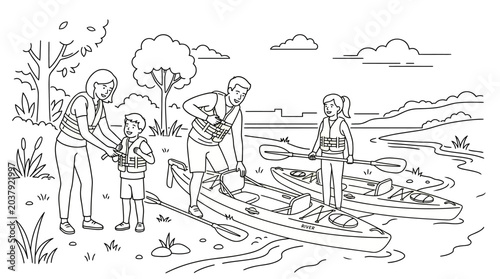Canvastavla Line art of a family putting on life jackets and getting ready to kayak
