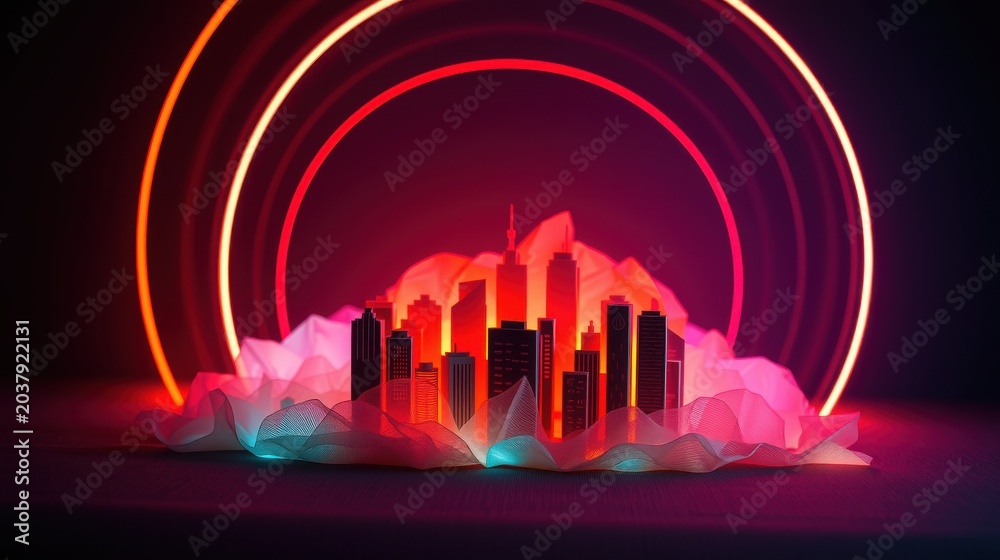 Fototapeta premium Futuristic cityscape rises from polygonal base. Glowing rings surround buildings, creating vibrant, dramatic scene. Dark background emphasizes neon colors.